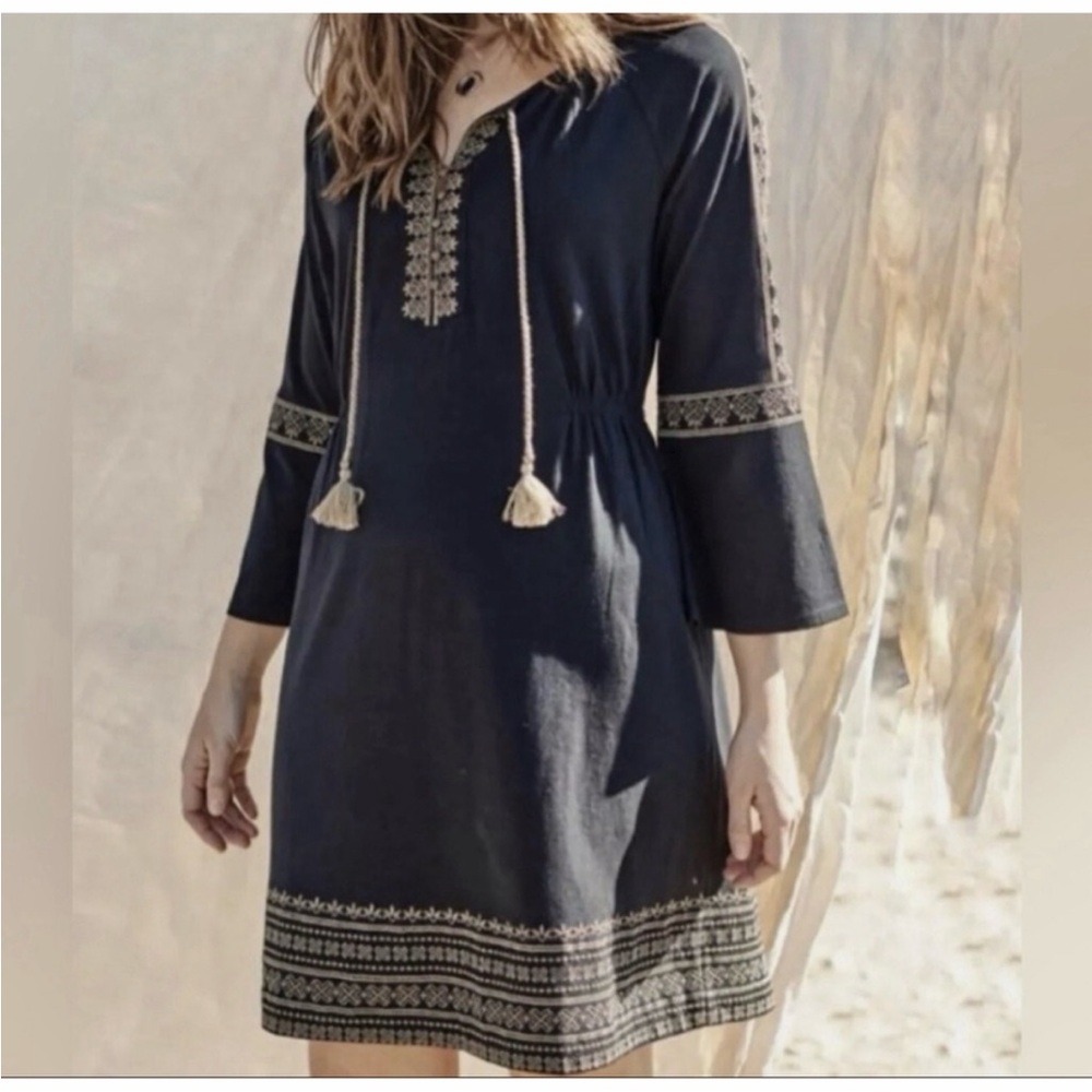 J. Jill Boho Dress in Black with Gold Embroidery, Size Medium, EUC